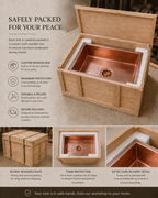 A wooden sink packed inside a custom-built wooden box with foam protection, shown in a collage with text describing secure shipping and care details.