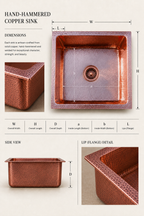 A copper kitchen sink product infographic showing a hand-hammered copper sink with labeled dimensions, side view, and lip detail. The image includes text describing the sink's artisanal copper construction and measurement guides around the sink and inset views.