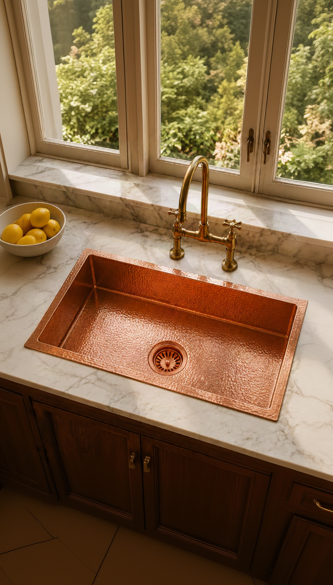 A hammered copper farmhouse kitchen sink set into a white marble countertop, featuring a polished brass bridge faucet with cross handles and a window behind showing green foliage outside.