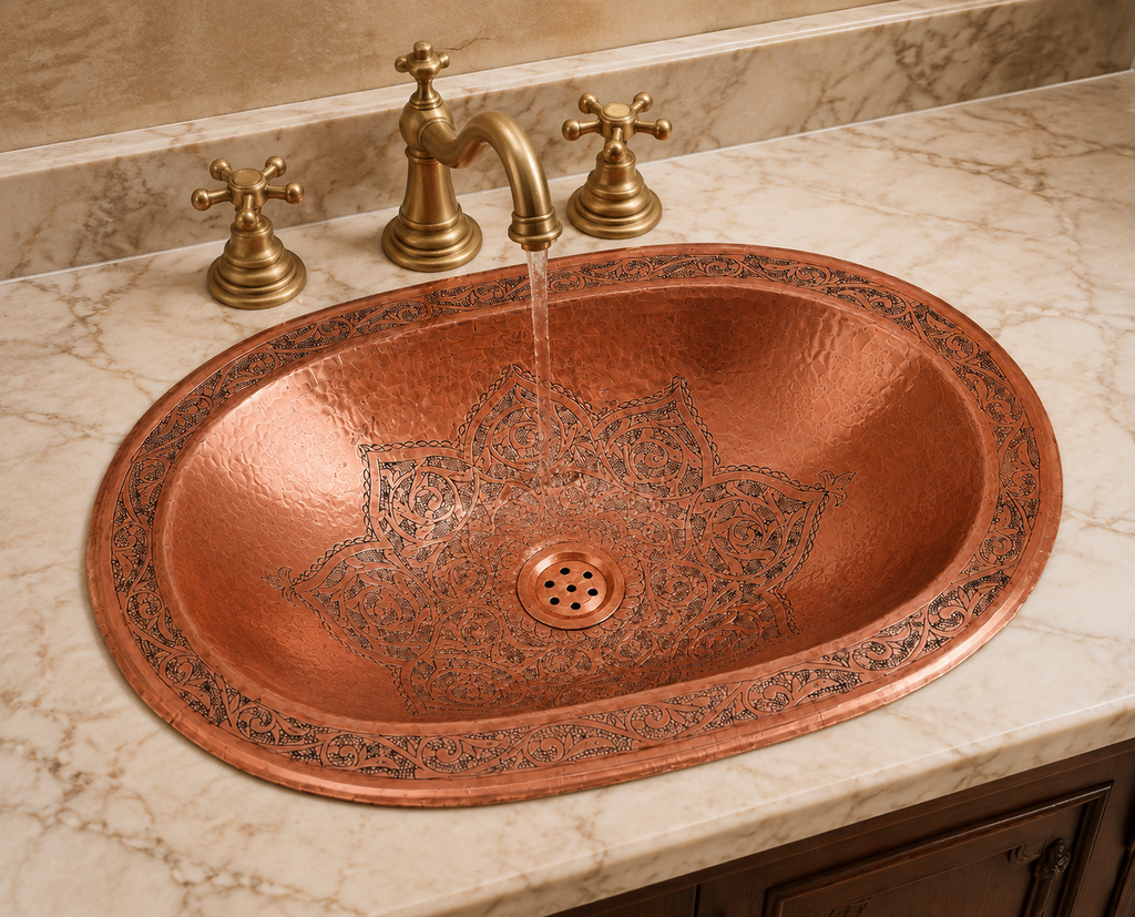An oval hammered copper sink with an embossed floral mandala pattern and decorative rim, set into a beige marble countertop with a brass faucet running water into it.