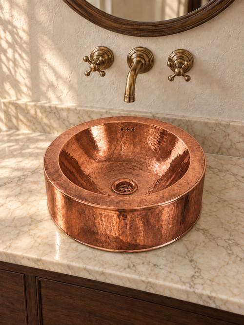Hammered Copper Vessel Sink | Round Bathroom Basin
