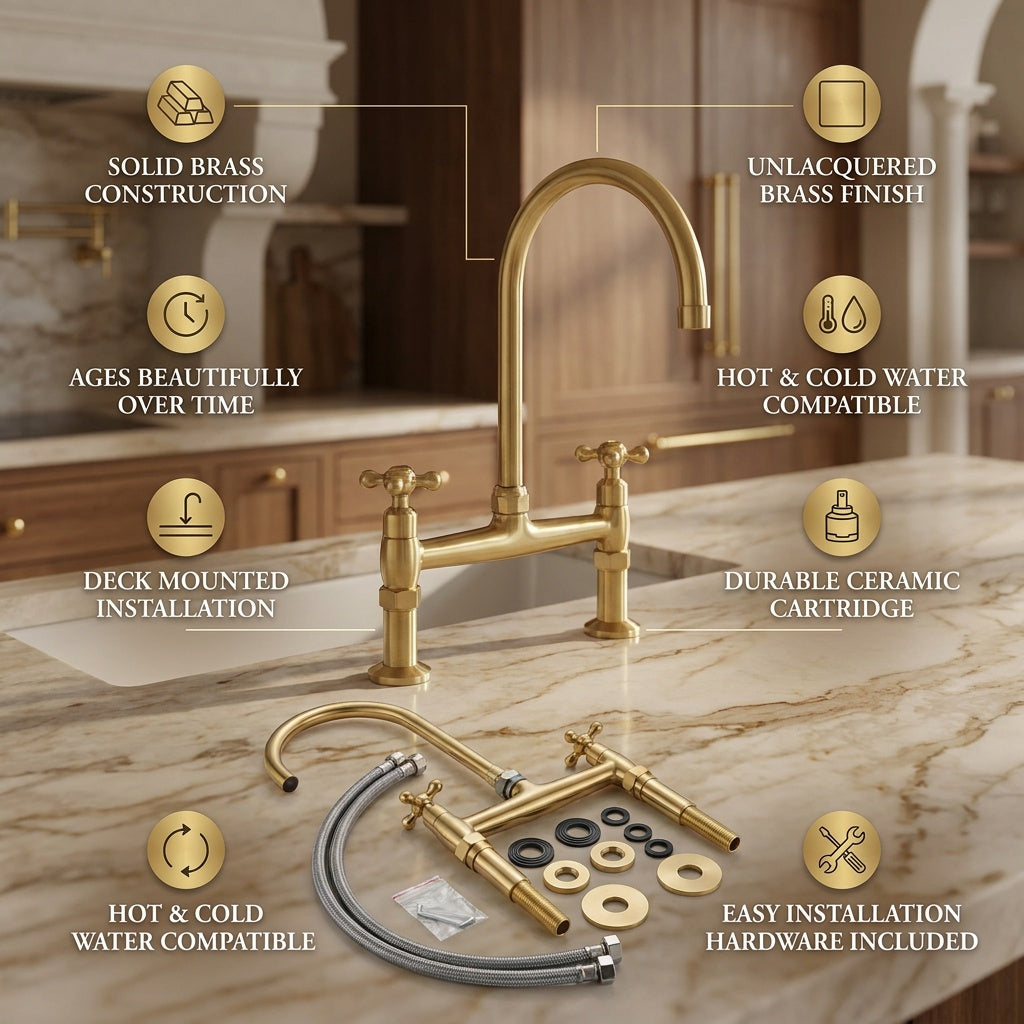 Unlacquered Brass Bridge Kitchen Faucet