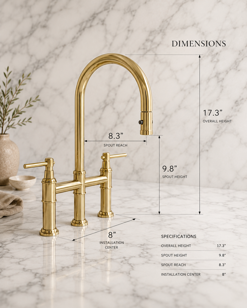 Gold bridge faucet with dimension callouts on a white marble background, showing overall height of 17.3 inches, spout height of 9.
