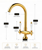 Gold kitchen faucet with measurements and quality assurances on a white background
