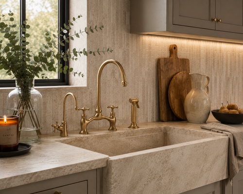 Kitchen sink with gold faucet, cutting boards, and a candle on a countertop.
