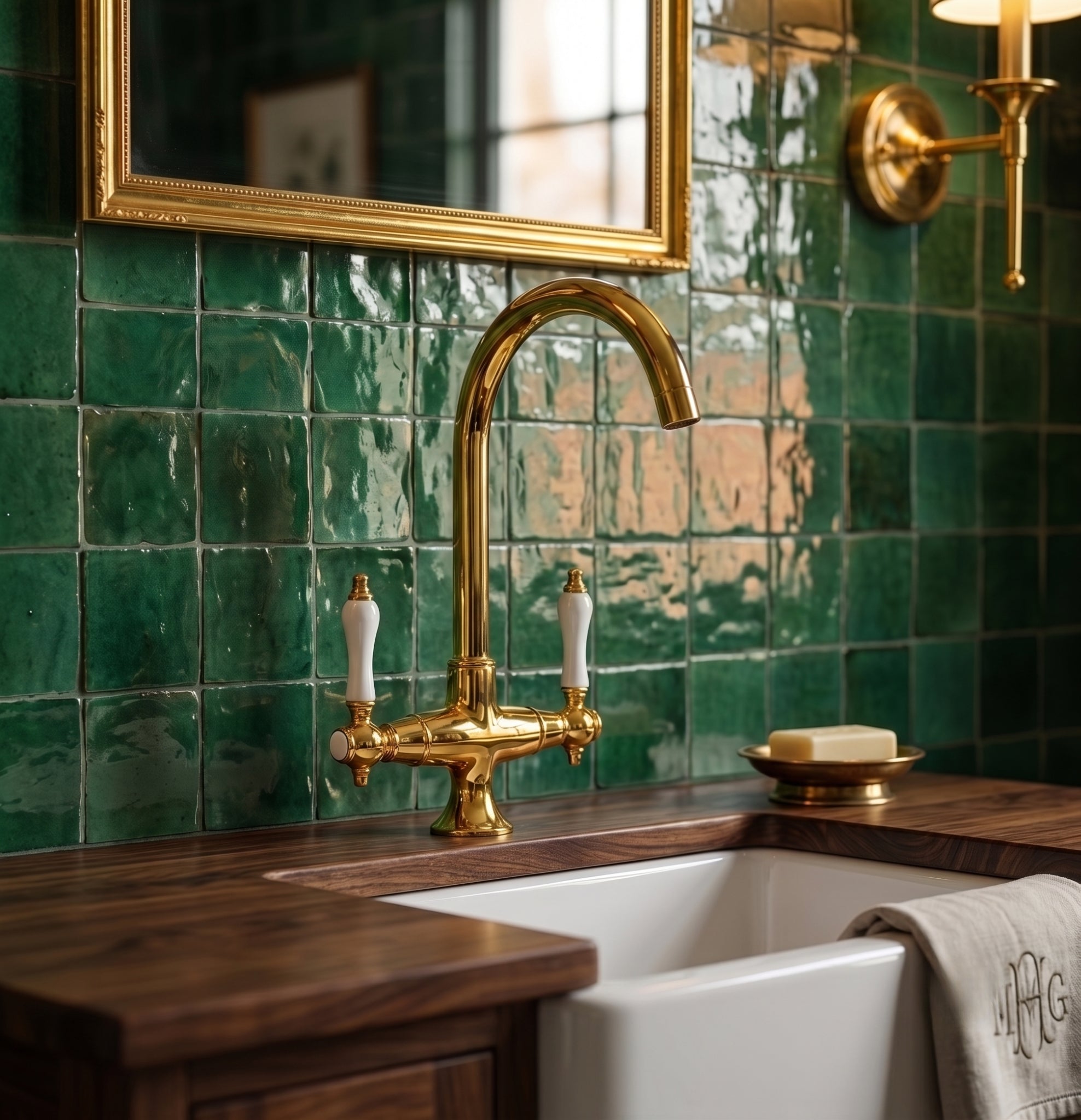 Gold faucet on a white sink with green tiled wall and wooden countertop