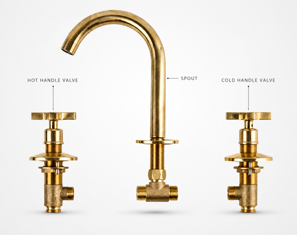 Brass faucet set with curved spout and cross handles