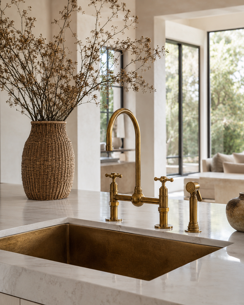 Modern kitchen with gold faucet and sink, wicker vase with branches on marble countertop.