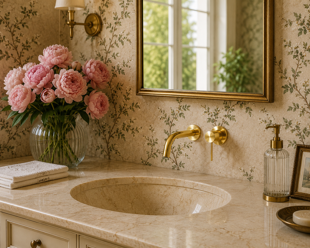 Bathroom vanity with pink flowers, gold faucet, and decorative wall mirror.