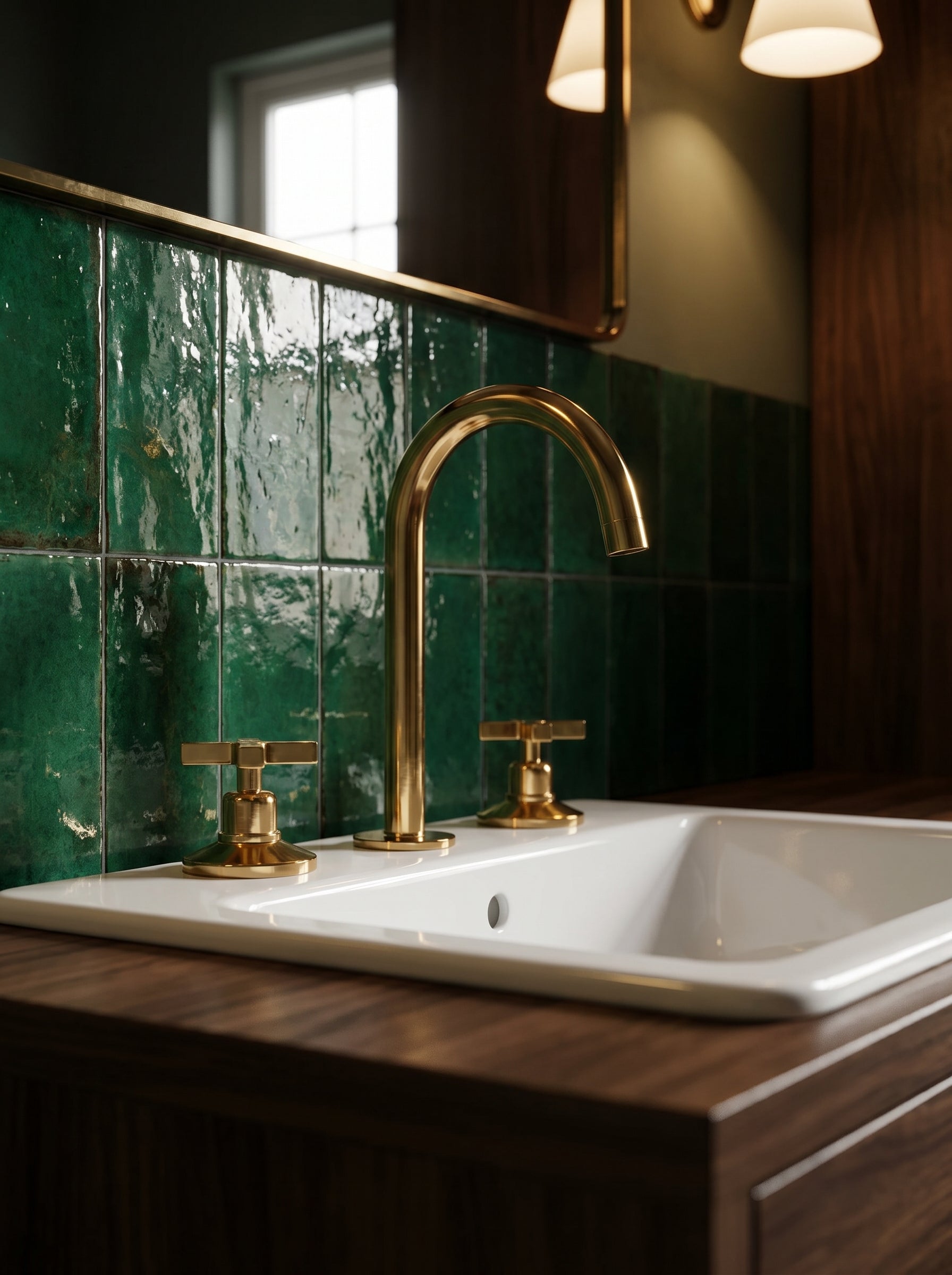 Brass vanity faucet with green tile backsplash