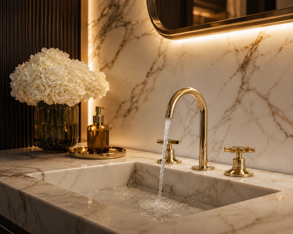 Luxury brass faucet on marble vanity