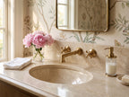 Bathroom vanity with sink, faucet, and decorative elements.