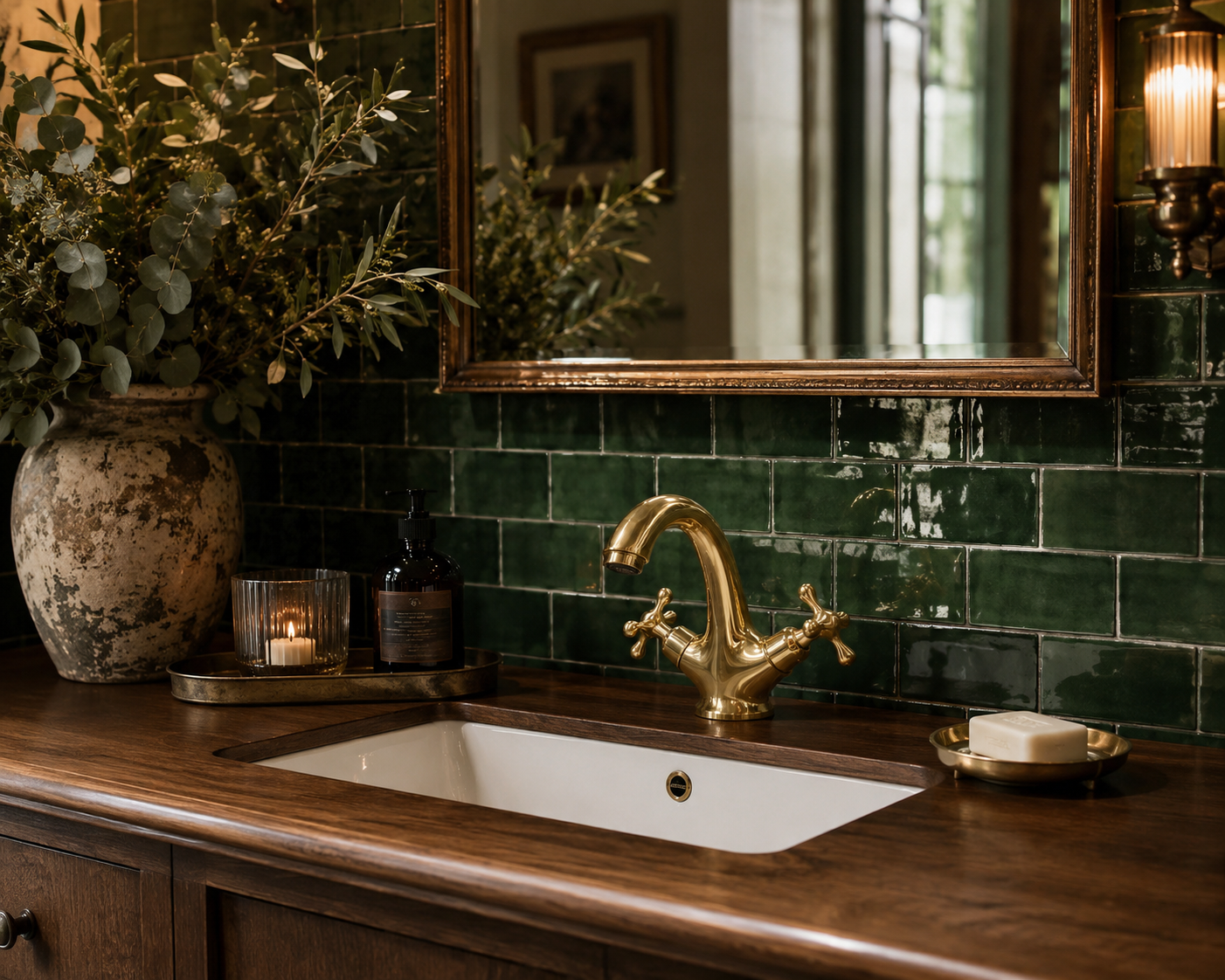 Bathroom vanity with gold faucet, green tiled wall, and decorative elements.