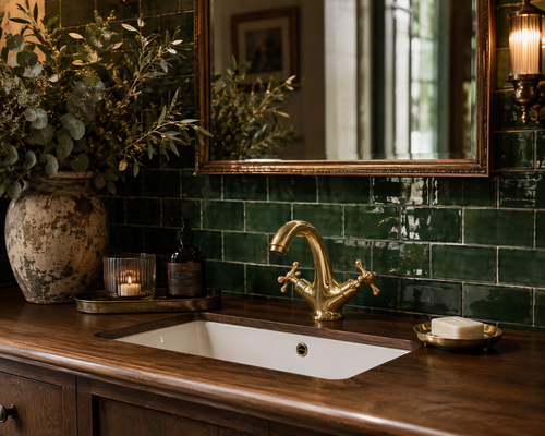 Bathroom vanity with gold faucet, green tiled wall, and decorative elements.