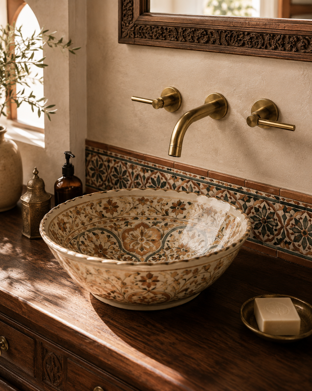 Decorative ceramic sink on a wooden vanity with ornate mirror and tiled backsplash.