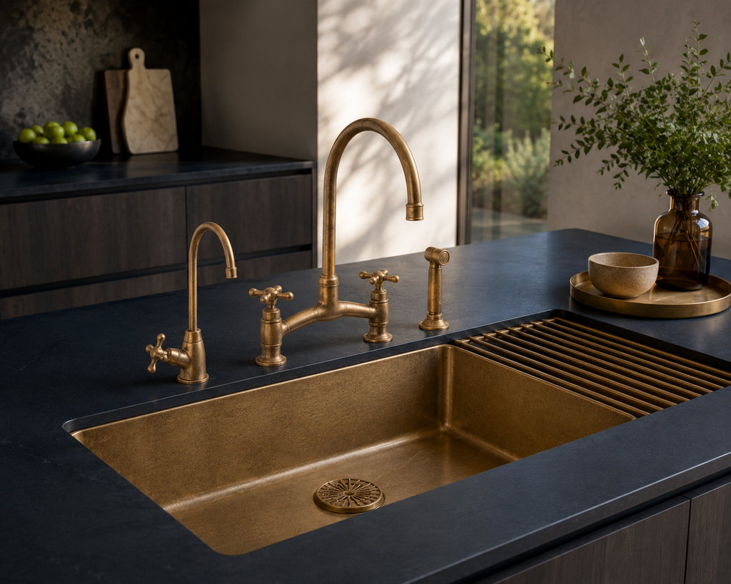 Gold kitchen sink and faucet set against a dark countertop with a window in the background.