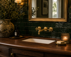 Bathroom vanity with wooden countertop, white sink, and decorative elements.