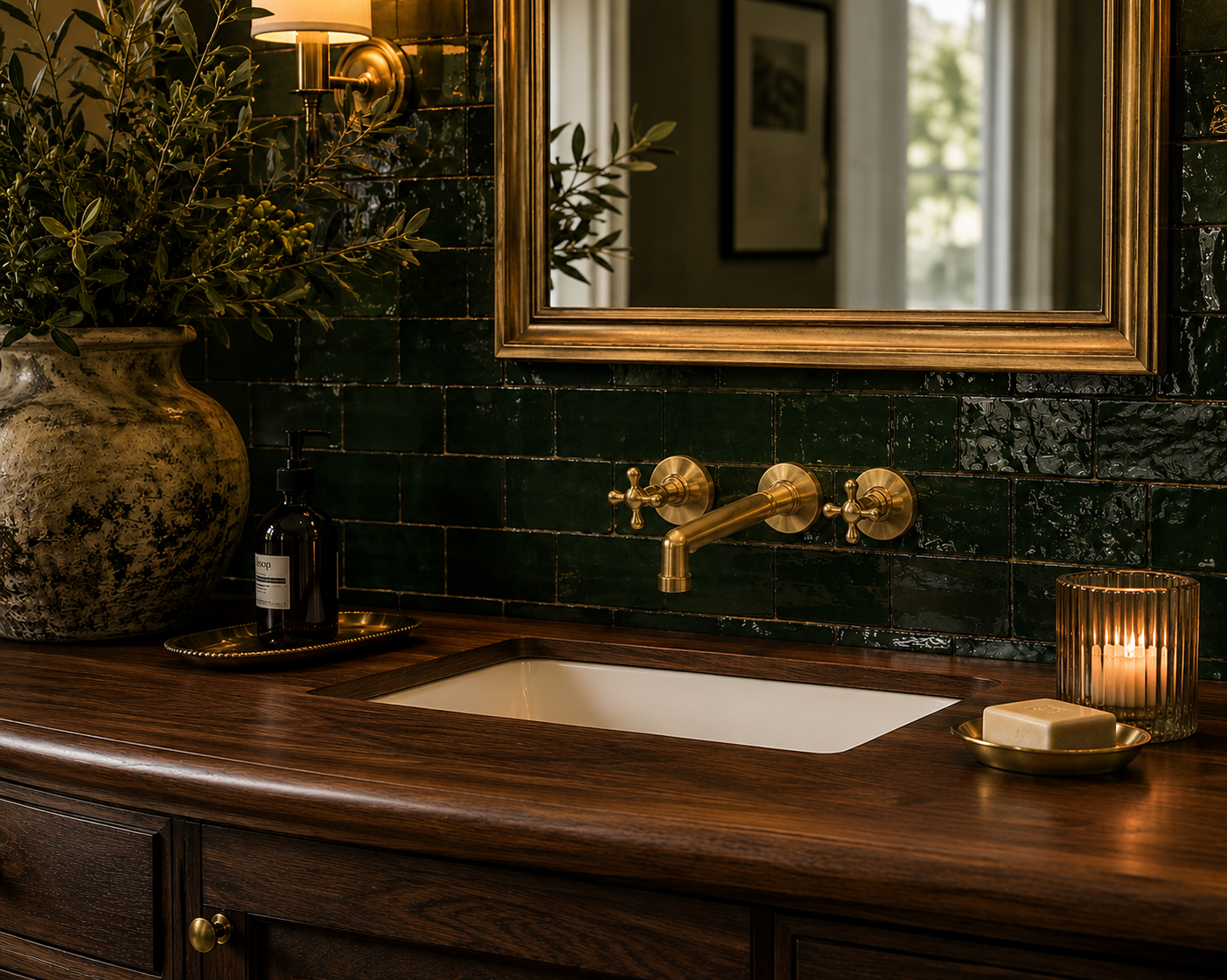 Bathroom vanity with wooden countertop, white sink, and decorative elements.