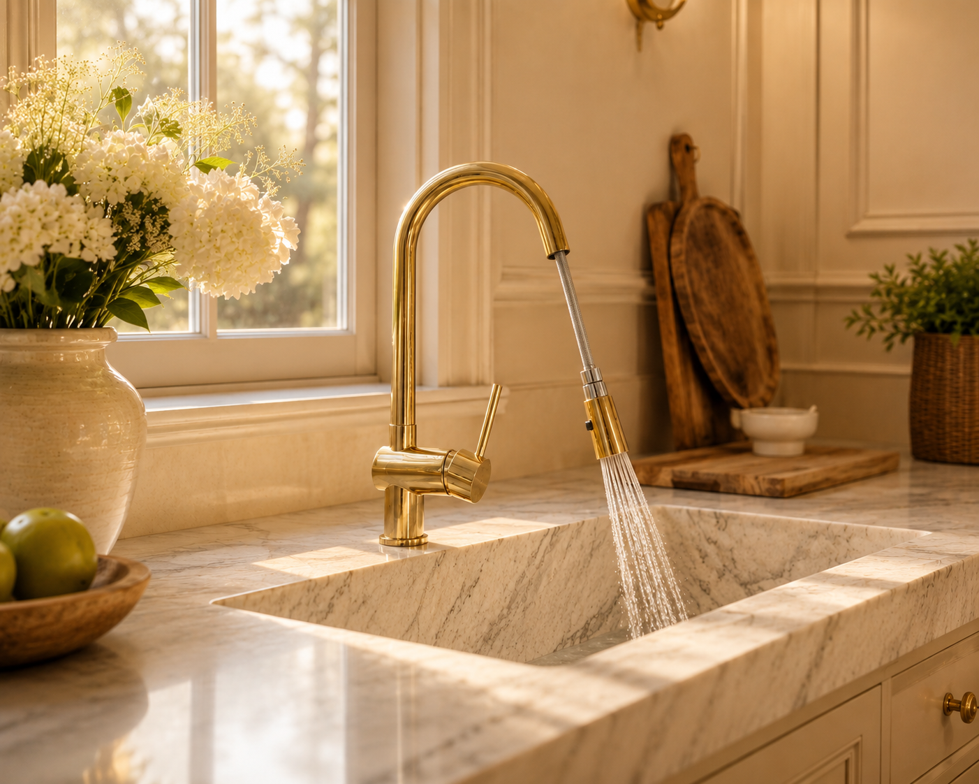 Gold kitchen faucet with running water in a marble sink, surrounded by decorative elements.