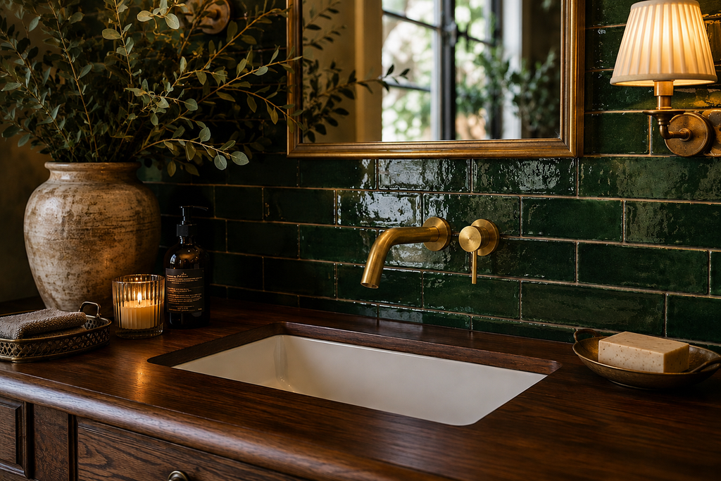 Bathroom sink with wooden countertop, green tiled wall, and decorative elements.