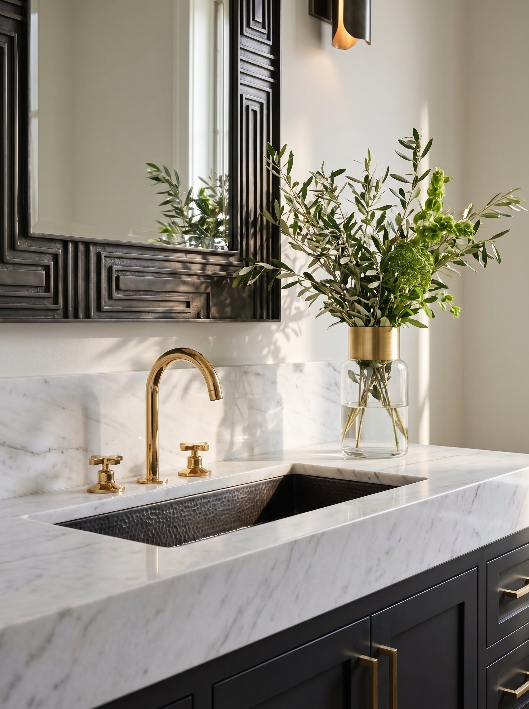 Gold faucet installed on modern marble sink