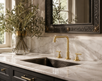 Luxurious kitchen sink setup with gold faucet and decorative mirror.