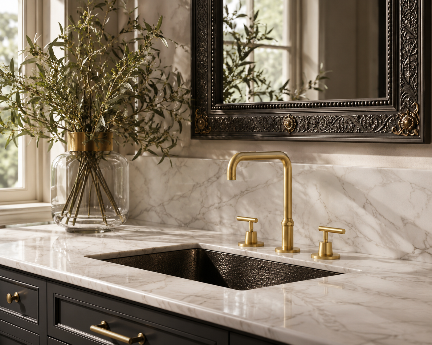Luxurious kitchen sink setup with gold faucet and decorative mirror.