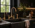 Modern kitchen with gold faucet and marble countertop