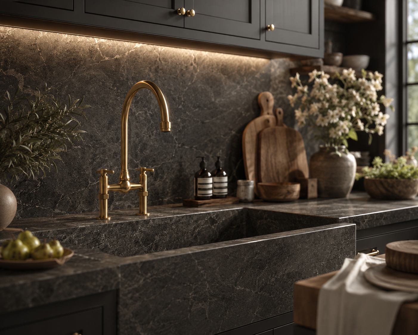 Luxury aged brass bridge kitchen faucet with dark marble countertop and backsplash.