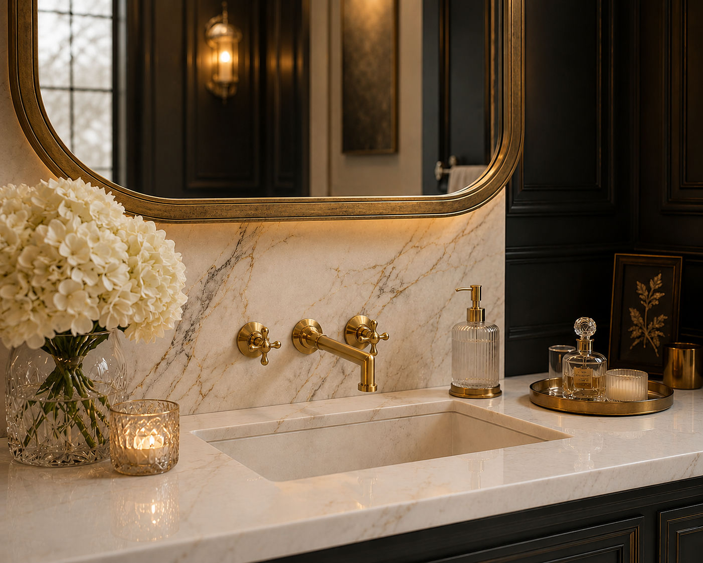 Luxurious bathroom with marble countertop, gold fixtures, and decorative elements.
