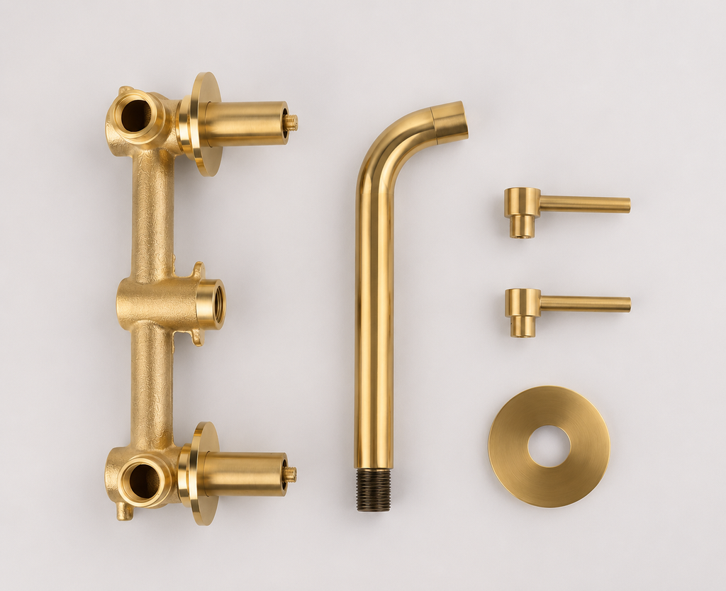 Set of gold bathroom fixtures on a light gray background