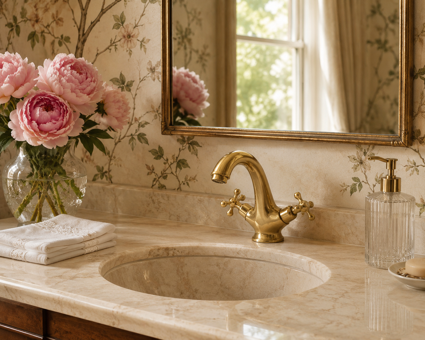 Luxurious bathroom with marble sink, gold faucet, and floral decorations.