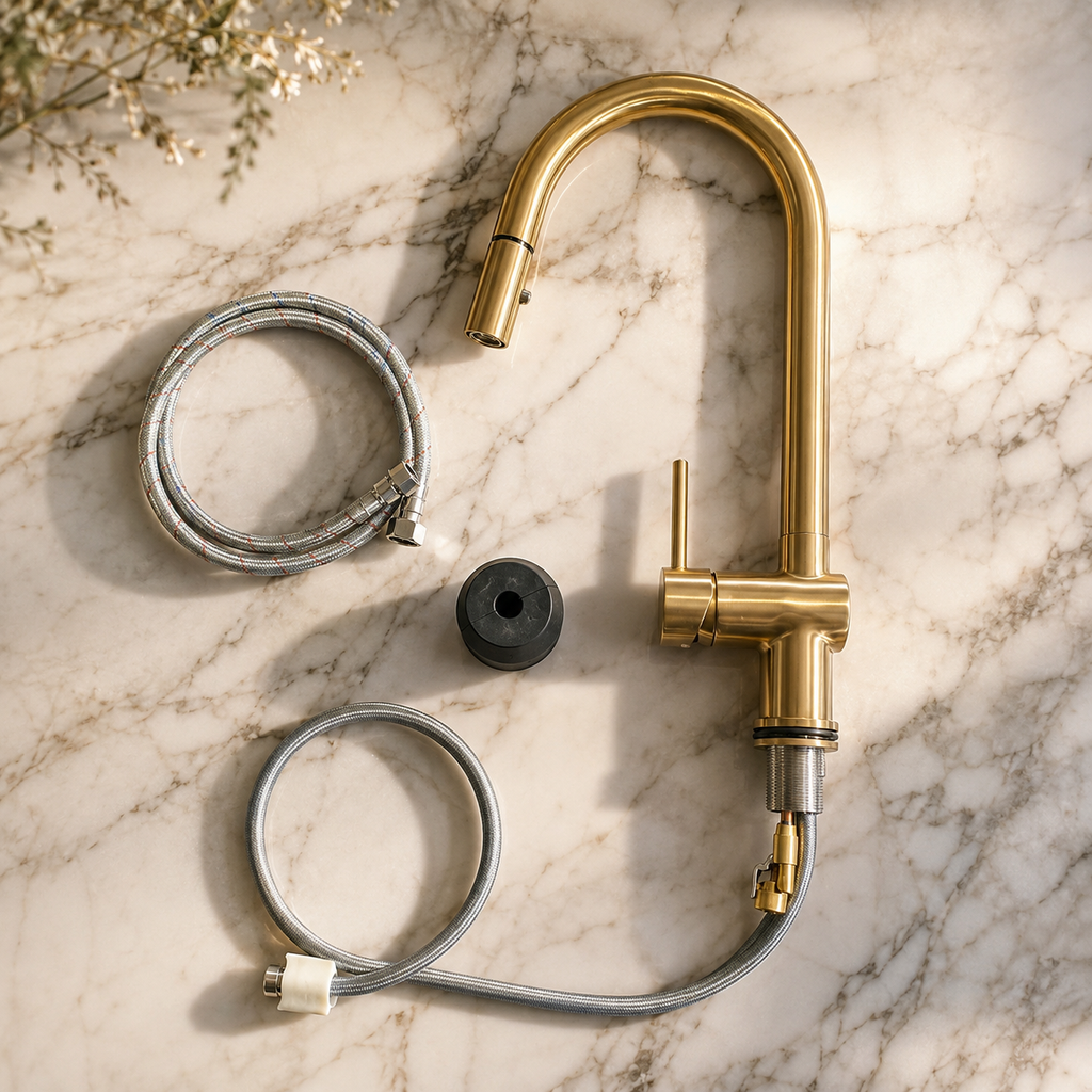 Gold kitchen faucet with hoses on a marble surface