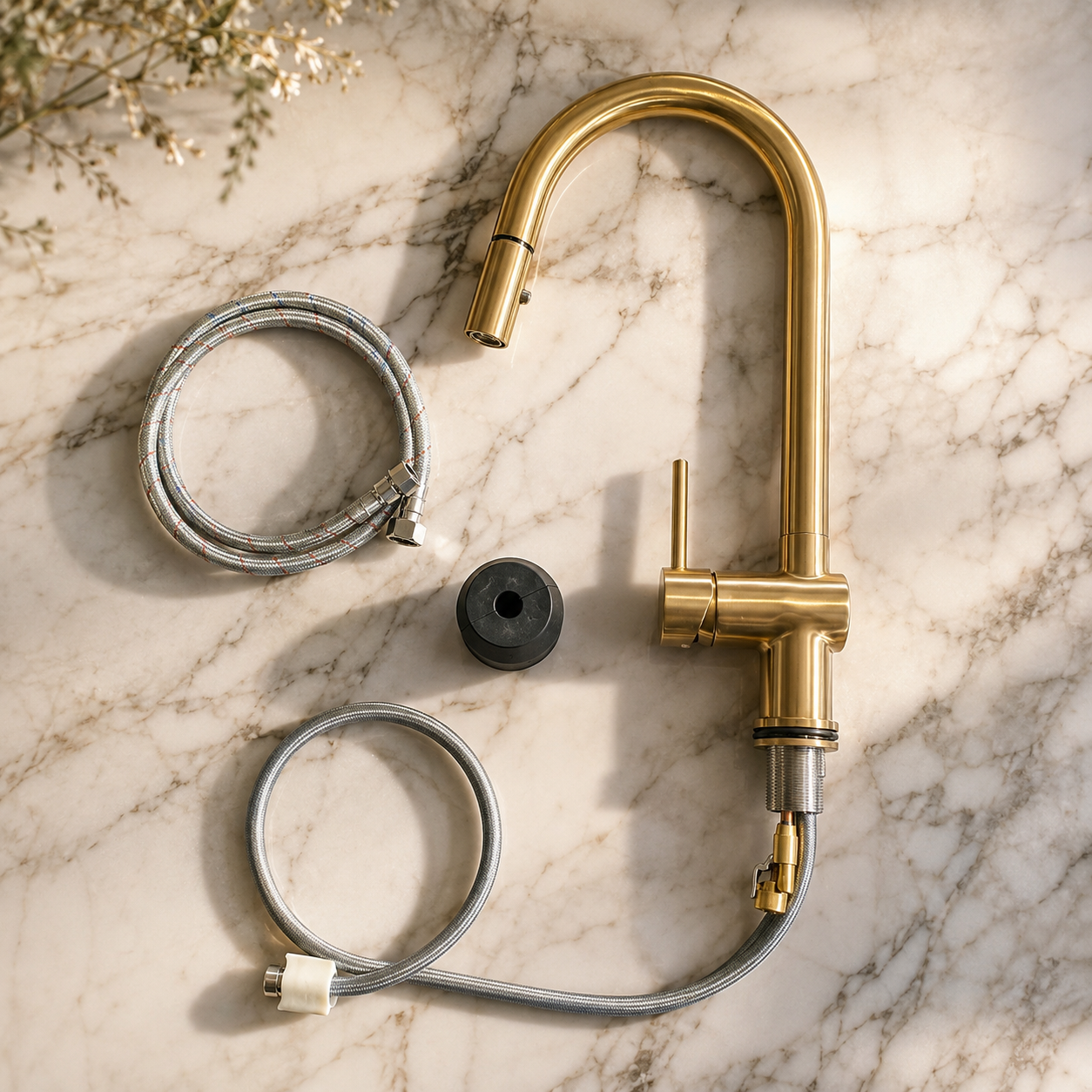Gold kitchen faucet with hoses on a marble surface