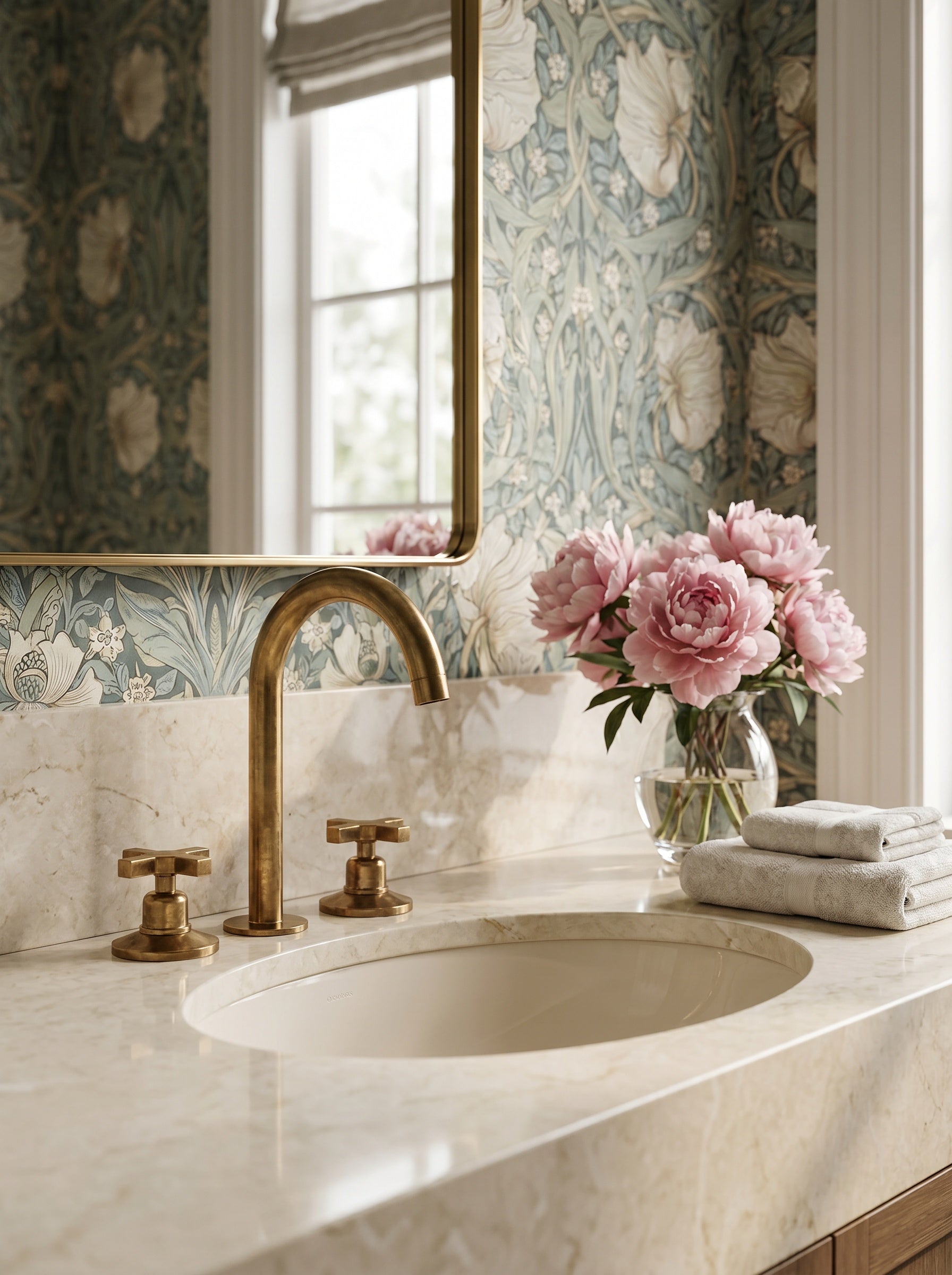 Vintage brass faucet on marble countertop