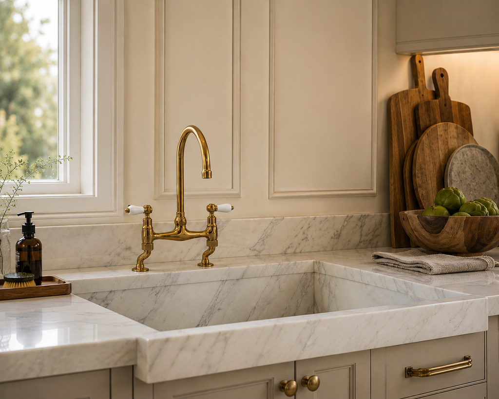 Kitchen sink with gold faucet and marble countertop