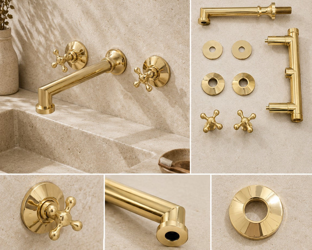 Collage of gold bathroom fixtures including a faucet, handles, and connectors on a beige background.
