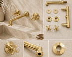 Collage of gold bathroom fixtures including a faucet, handles, and connectors on a beige background.