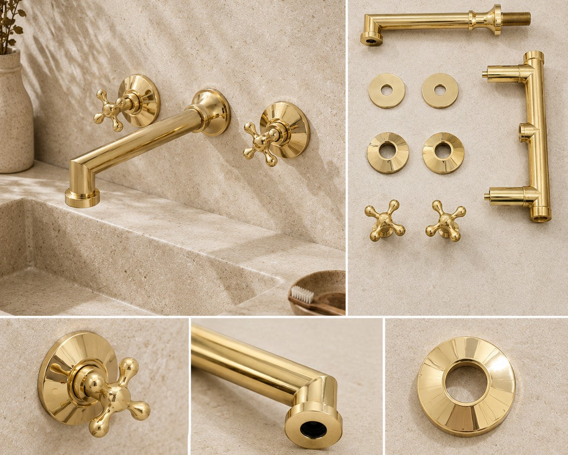 Collage of gold bathroom fixtures including a faucet, handles, and connectors on a beige background.
