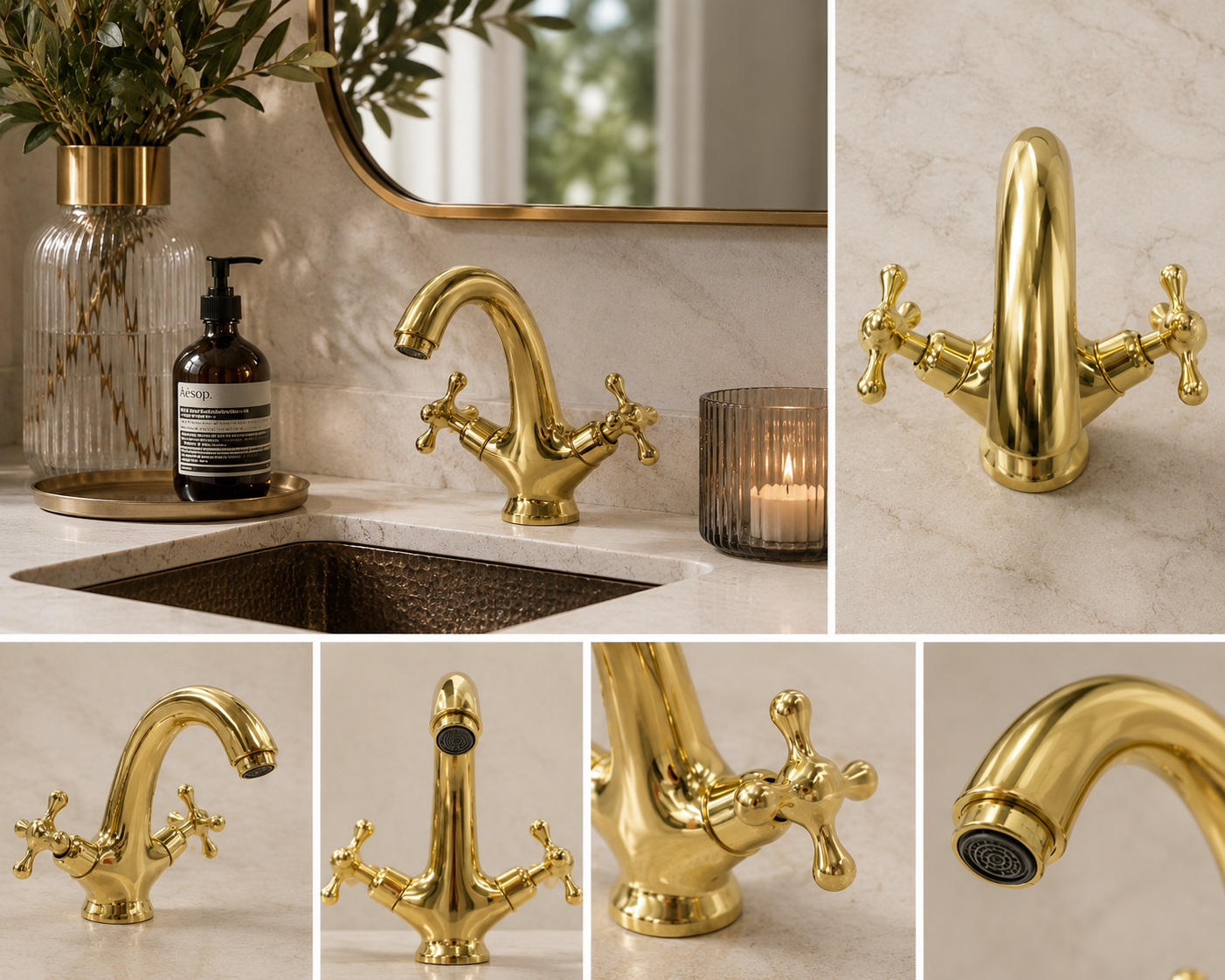 Collage of gold faucets in a bathroom setting with sink and decorative elements.