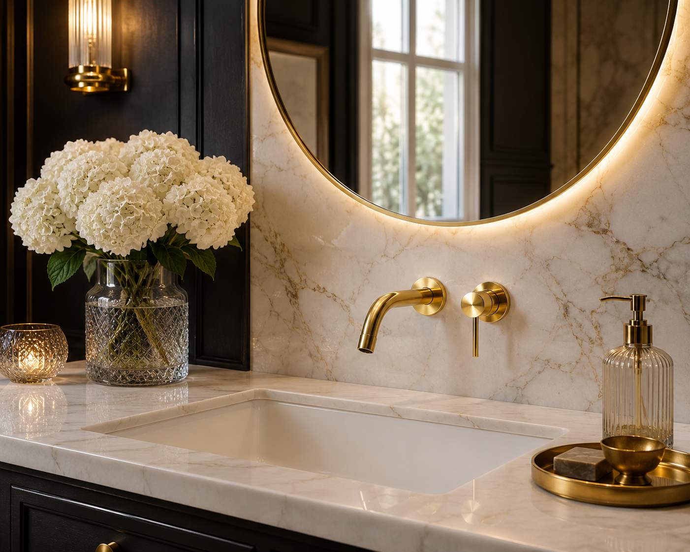 Luxurious bathroom with marble countertop, gold fixtures, and a vase of white flowers.