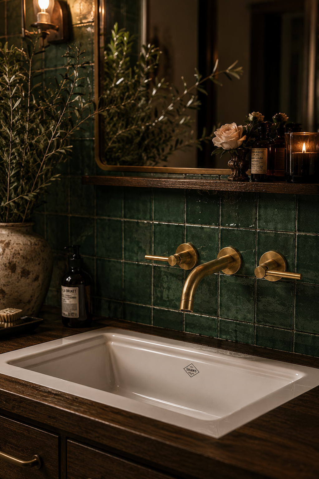 Bathroom sink with gold faucet against a green tiled wall.