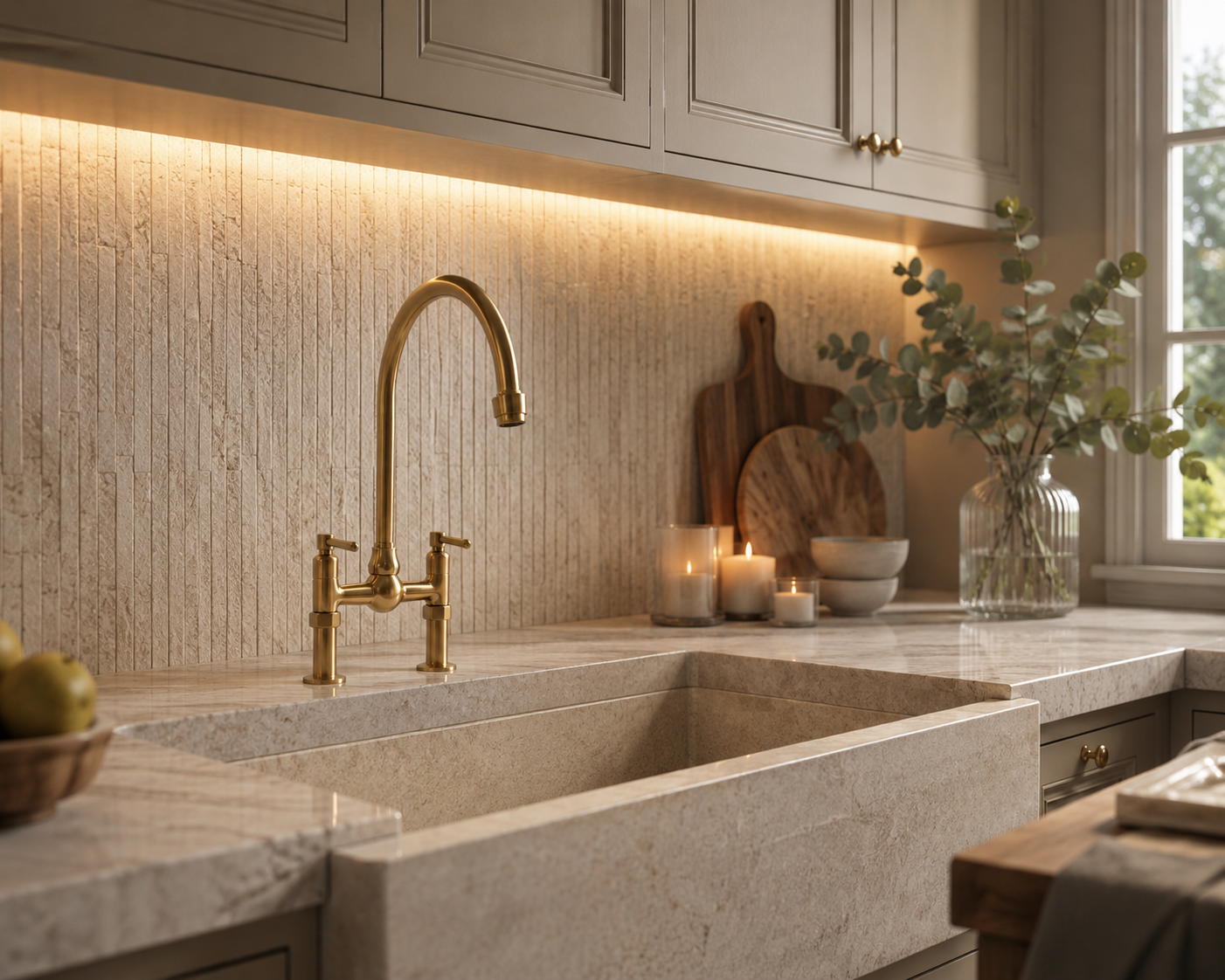 Traditional aged brass bridge kitchen faucet on a cream stone countertop with textured backsplash.