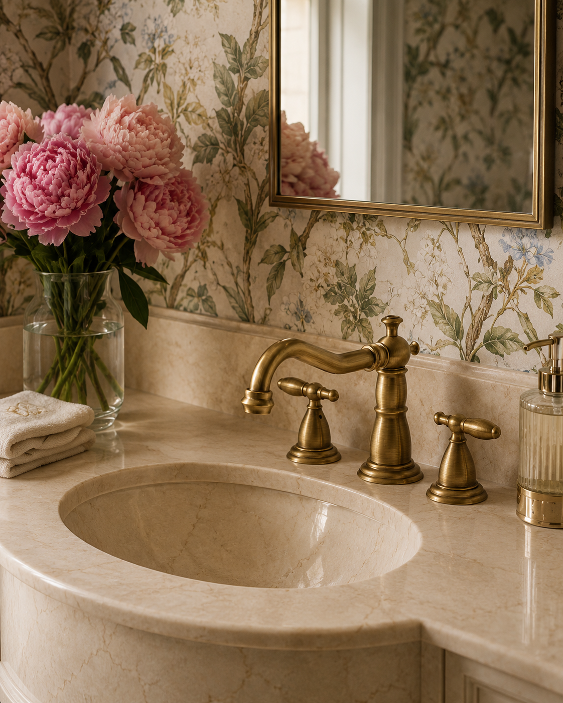 Bathroom sink with gold faucet and floral wallpaper