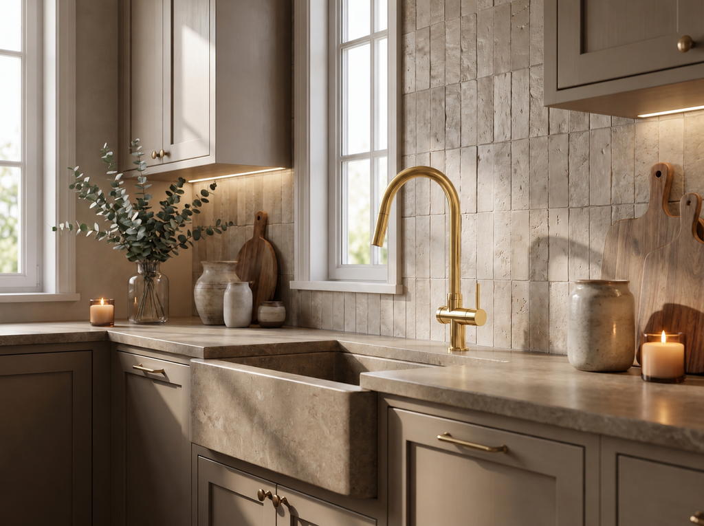 Modern kitchen with a gold faucet and stone sink