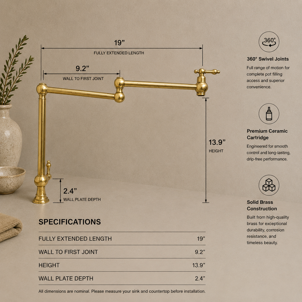 Deck Mounted Brass Pot Filler - Handmade Kitchen Faucet