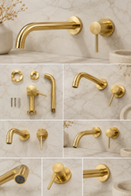 Solid brass wall faucet product presentation collage