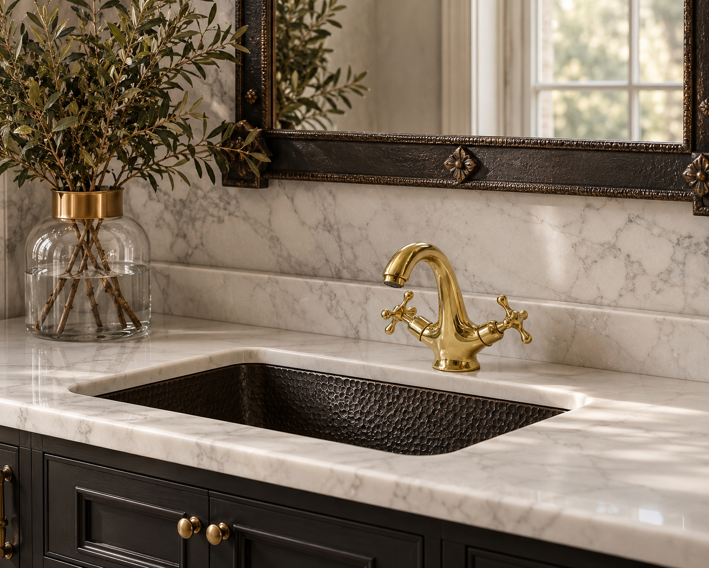Gold faucet over a black sink in a bathroom setting with marble countertop and decorative mirror.