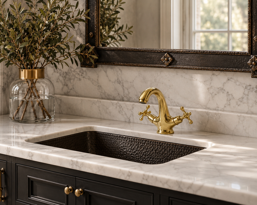 Gold faucet over a black sink in a bathroom setting with marble countertop and decorative mirror.