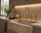 Modern kitchen with a double sink, gold faucet, and decorative elements.